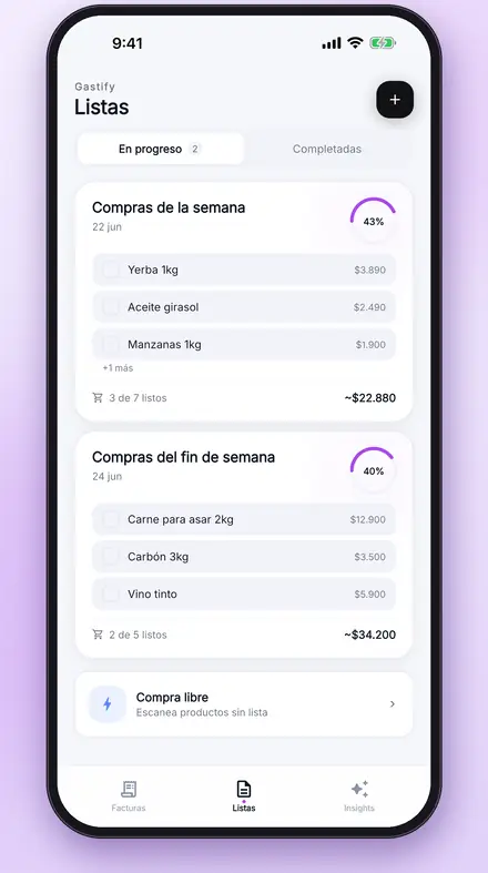 Pantalla de listas de Gastify con dos listas de mercado en progreso y su avance