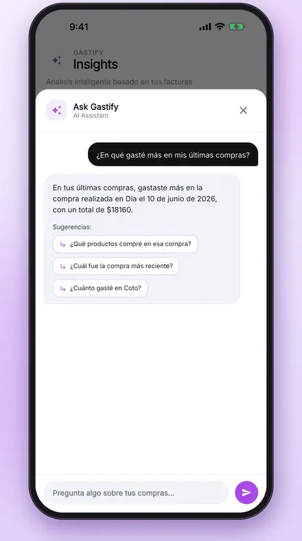 Chat Pregúntale a Gastify respondiendo en qué compra se gastó más, con preguntas sugeridas